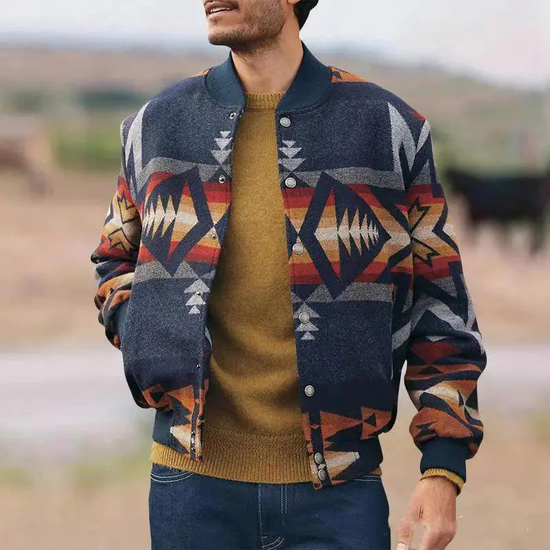 Chaqueta Cárdigan con Cuello de Estar y Patrón Geométrico